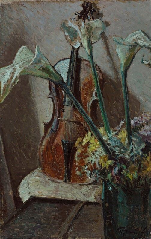 Paulo Ghiglia : Calli e violino  - Olio su cartone - Auction Autori dell'800-900, Moderni e Contemporanei, Grafica ed Edizioni - Galleria Pananti Casa d'Aste