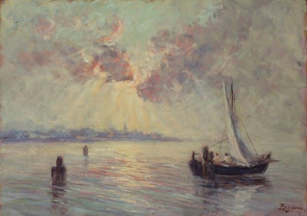 Aldo Bergamini - Veduta della laguna con barca a vela