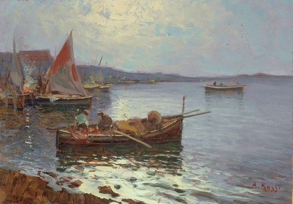 A. Rossi - Marina al chiaro di luna con barche e pescatori
