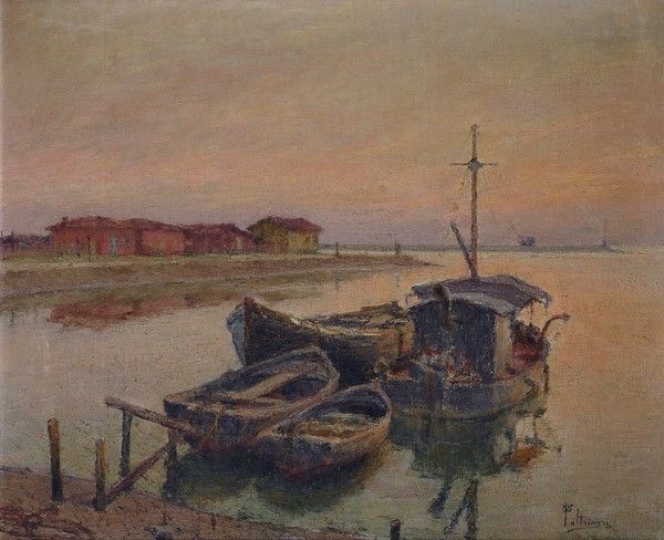 Oreste Paltrinieri : Tramonto nel porto di Viareggio  - Olio su tela - Auction Autori dell'800-900, Moderni e Contemporanei, Grafica ed Edizioni - Galleria Pananti Casa d'Aste