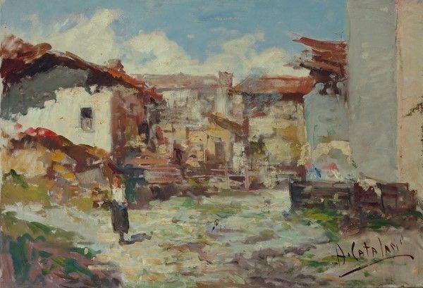 Alessandro Catalani - Veduta di Villaggio con Contadina