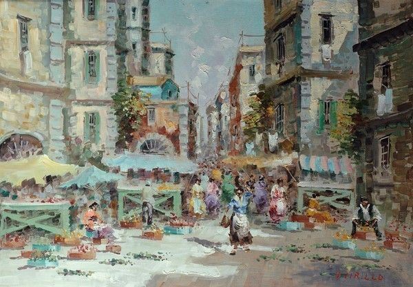 Cirillo : Veduta napoletana con scena di mercato  - Olio su tela - Auction Autori dell'800-900, Moderni e Contemporanei, Grafica ed Edizioni - Galleria Pananti Casa d'Aste