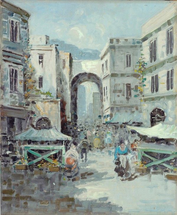 Cirillo - Veduta Napoletana con Grande Arco sullo Sfondo Escena di Mercato