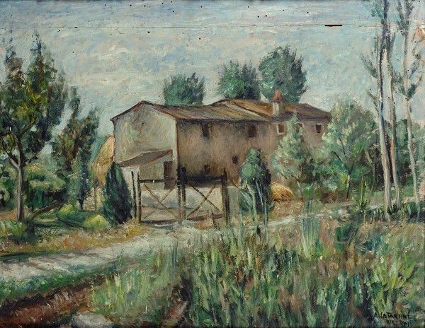 Alfredo Catarsini : Mattino. Case di campagna  - Olio su compensato - Auction Autori dell'800-900, Moderni e Contemporanei, Grafica ed Edizioni - Galleria Pananti Casa d'Aste