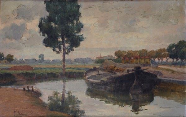 Oreste Paltrinieri : Boat on the river  - Oil on plywood - Auction AUTHORS OF XIX AND XX CENTURY - Galleria Pananti Casa d'Aste