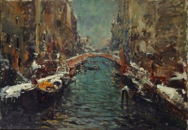 Alessandro Catalani : Veduta di canale veneziano  - Olio su tela - Asta Autori dell'800-900, Moderni e Contemporanei, Grafica ed Edizioni - Galleria Pananti Casa d'Aste
