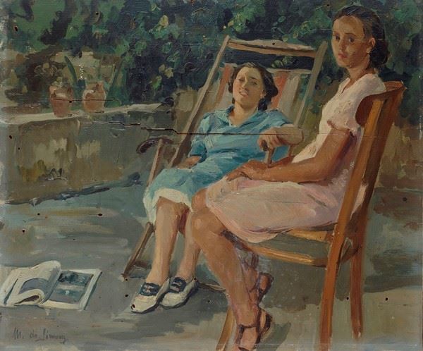 Michele De Simone : On the terrace  - Oil on plywood - Auction AUTHORS OF XIX AND  [..]