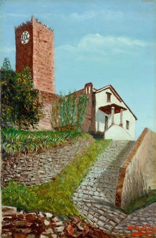 A. Tolini : View of a church with a bell tower  (1970)  - Oil painting on canvas  [..]
