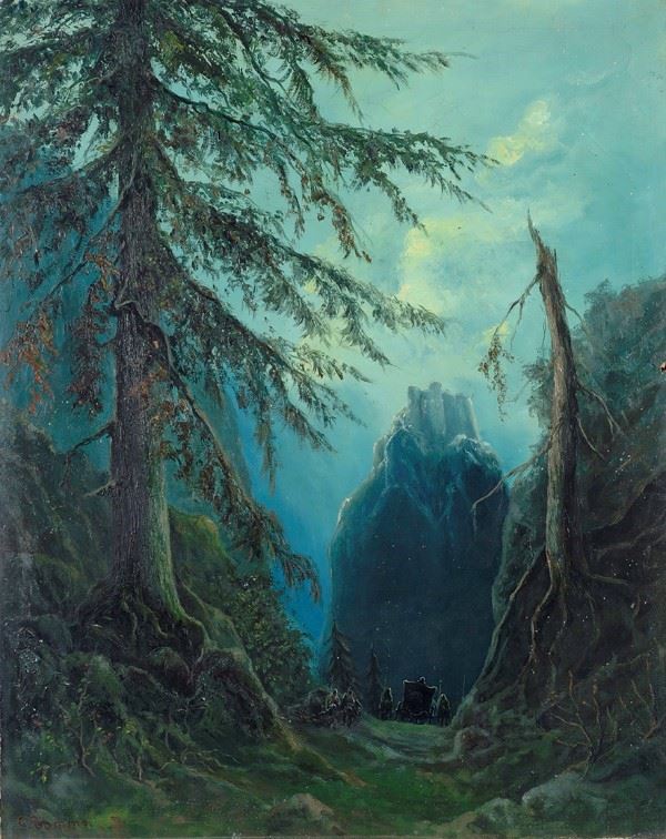 G. Tommei : View of a castle on top of a mountain  - Oil painting on canvas - Auction  [..]