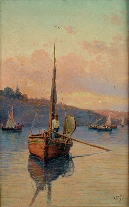 Raffaello Torre : Pescatore in barca sul lago  (1913)  - Olio su tela - Asta AUTORI DEL XIX E XX SEC - Galleria Pananti Casa d'Aste