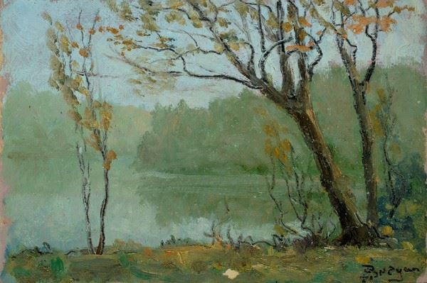 Anonimo, XX sec. : River landscape with trees  - Oil on cardboard - Auction MODERN ART - Galleria Pananti Casa d'Aste