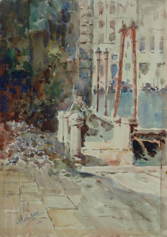 Alessandro Catalani - Veduta veneziana con bambino