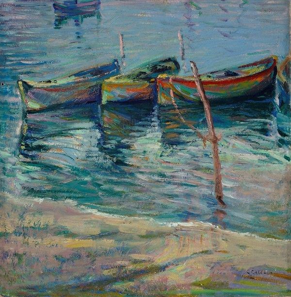 Giuseppe Caselli - Veduta di un molo con tre barche