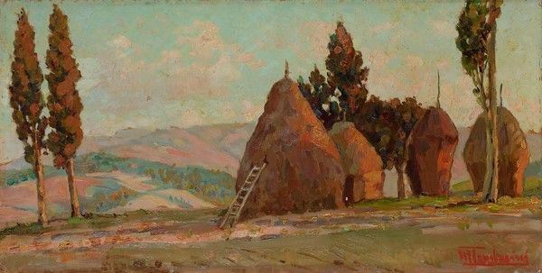 Mario Tamburini : L'ora dorata  ((1914))  - Olio su compensato - Auction Autori dell'800-900, Moderni e Contemporanei, Grafica ed Edizioni - Galleria Pananti Casa d'Aste