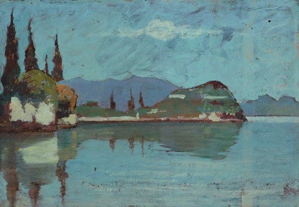 Anonimo, XX sec. : Veduta lacustre  - Olio su compensato - Auction Autori dell'800-900, Moderni e Contemporanei, Grafica ed Edizioni - Galleria Pananti Casa d'Aste