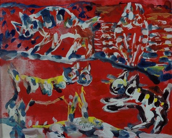 Silvio Loffredo : Gatti  (1972)  - Olio su cartone telato - Asta Autori dell'800-900, Moderni e Contemporanei, Grafica ed Edizioni - Galleria Pananti Casa d'Aste