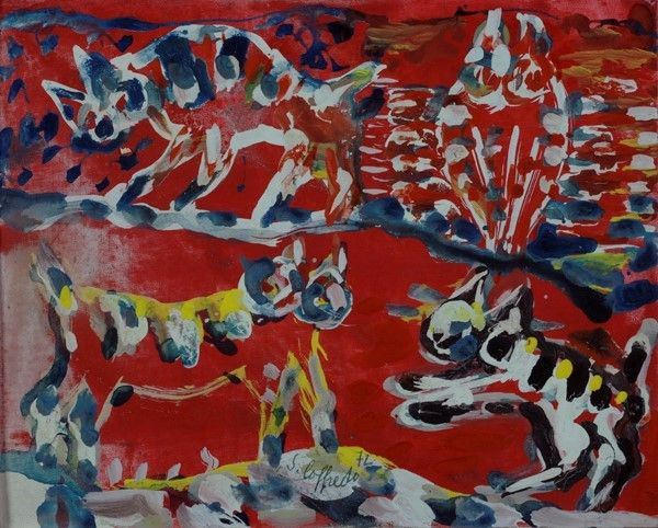 Silvio Loffredo : Gatti  (1972)  - Olio su cartone telato - Asta Autori dell'800-900, Moderni e Contemporanei, Grafica ed Edizioni - Galleria Pananti Casa d'Aste