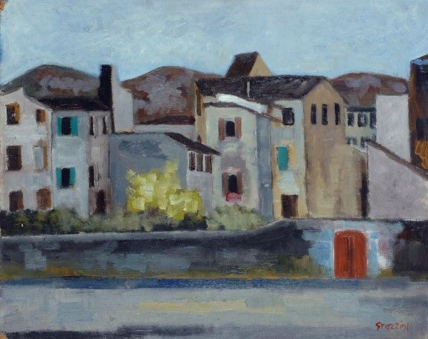 Renzo Grazzini : Case  - Olio su cartone - Auction Autori dell'800-900, Moderni e Contemporanei, Grafica ed Edizioni - Galleria Pananti Casa d'Aste