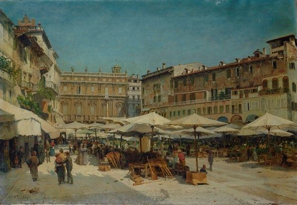 H. Dansey : Verona, Piazza delle Erbe  - Olio su tela - Auction Antiquariato - mobili, dipinti e oggetti di arredo - I - Galleria Pananti Casa d'Aste