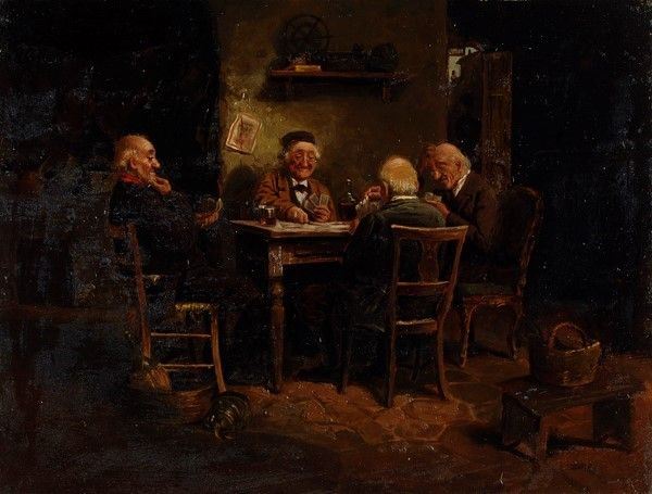 Luigi Zuccoli : Il gioco delle carte  - Olio su tavola - Auction Autori dell'800-900, Moderni e Contemporanei, Grafica ed Edizioni - Galleria Pananti Casa d'Aste