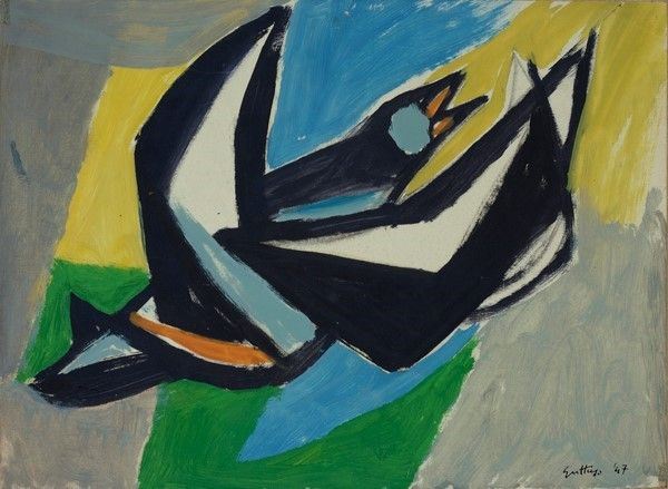 Renato Guttuso : Merlo  (1947)  - Olio su cartoncino riportato su tela - Asta Autori dell'800-900, Moderni e Contemporanei, Grafica ed Edizioni - Galleria Pananti Casa d'Aste