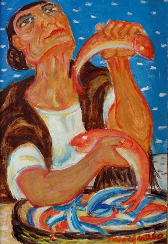 Giuseppe Migneco : Pesci rossi  - Olio su tela - Auction Autori dell'800-900, Moderni e Contemporanei, Grafica ed Edizioni - Galleria Pananti Casa d'Aste