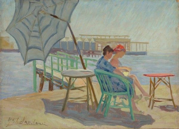 Giulio Ghelarducci : Bagni a Livorno  - Olio su cartone - Auction Autori dell'800-900, Moderni e Contemporanei, Grafica ed Edizioni - Galleria Pananti Casa d'Aste