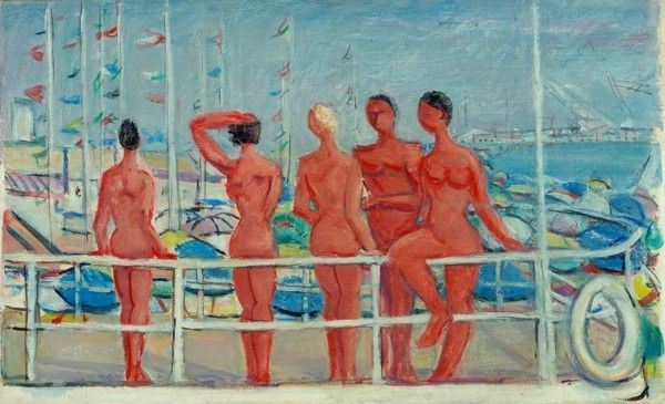 Moses Levy : Bagnanti  (1960)  - Olio su cartone telato - Asta Autori dell'800-900, Moderni e Contemporanei, Grafica ed Edizioni - Galleria Pananti Casa d'Aste