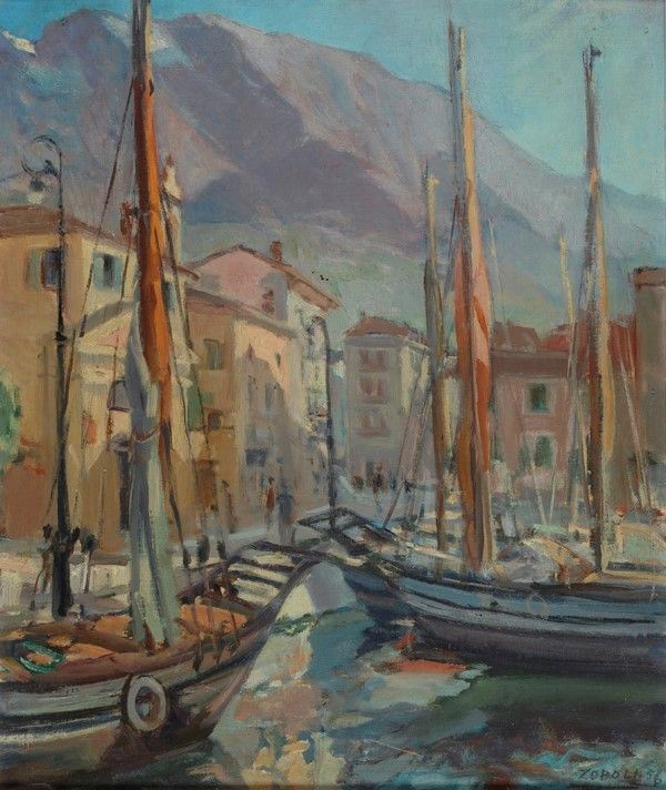 Alessandro Zoboli : Malcesine  (1956)  - Olio su cartone telato - Asta Autori dell'800-900, Moderni e Contemporanei, Grafica ed Edizioni - Galleria Pananti Casa d'Aste
