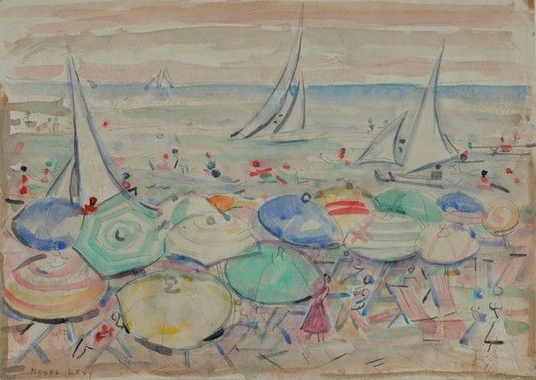 Moses Levy : Spiaggia  (1957)  - Acquerello su carta - Asta Autori dell'800-900, Moderni e Contemporanei, Grafica ed Edizioni - Galleria Pananti Casa d'Aste