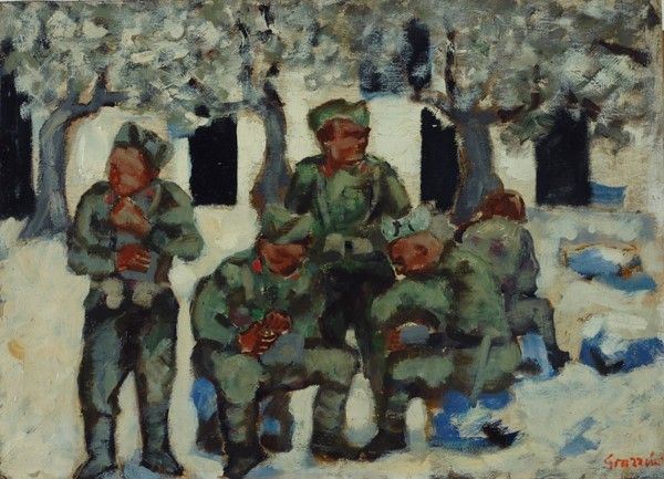 Renzo Grazzini : Militari  - Olio su cartone - Asta Autori dell'800-900, Moderni e Contemporanei, Grafica ed Edizioni - Galleria Pananti Casa d'Aste