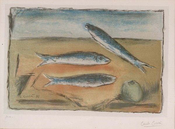 Carlo Carr&#224; : Natura morta con pesci  - Litografia - Asta AUTORI DEL XIX E XX SEC, ARTE MODERNA E CONTEMPORANEA - Galleria Pananti Casa d'Aste