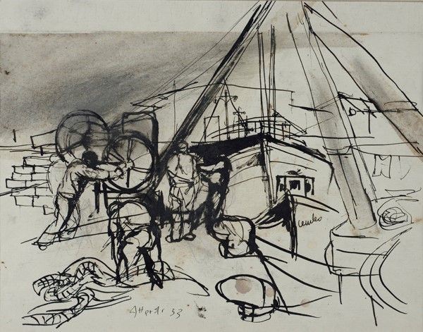 Ugo Attardi : Pescatori  (1953)  - China su carta - Auction Autori dell'800-900, Moderni e Contemporanei, Grafica ed Edizioni - Galleria Pananti Casa d'Aste