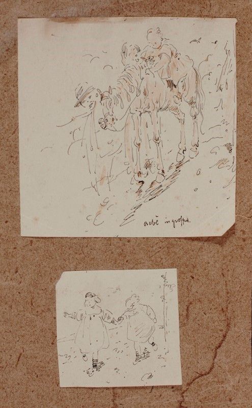 Anonimo, XX sec. : Contadino con asinello e bambino; due bambini  - Due disegni a china su carta - Auction DISEGNI DAL XIX AL XX SEC - Galleria Pananti Casa d'Aste
