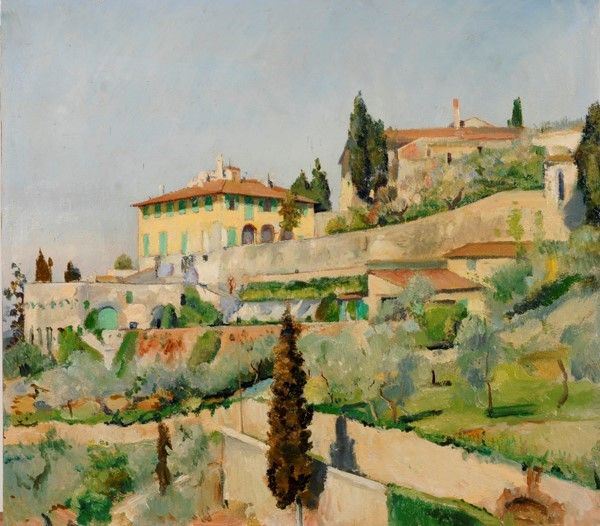 Baccio Maria Bacci : Villa Medici a Fiesole  (1949)  - Olio su cartone - Asta Autori dell'800-900, Moderni e Contemporanei, Grafica ed Edizioni - Galleria Pananti Casa d'Aste