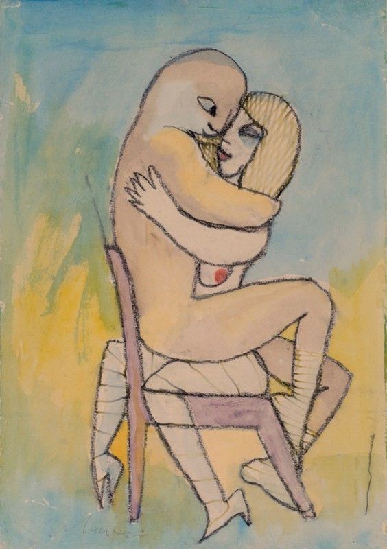 Mino Maccari : Amanti  - Tecnica mista su carta riportata su tela - Asta Antiquariato - mobili, dipinti e oggetti di arredo - I - Galleria Pananti Casa d'Aste