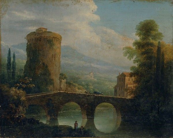 Anonimo, XIX sec.,Anonimo, inizi XIX sec. - Paesaggio con ponte