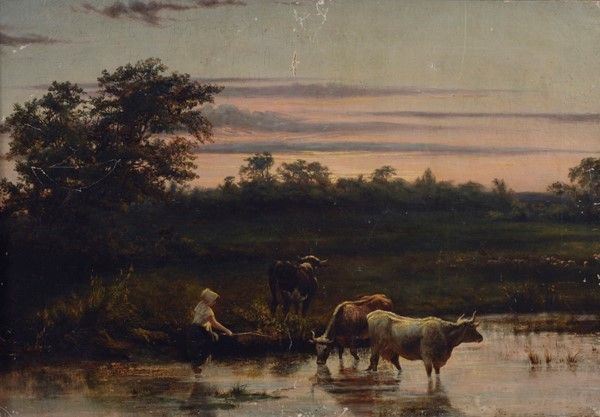 Attr. a Giuseppe Palizzi - Figura e Animali al Tramonto