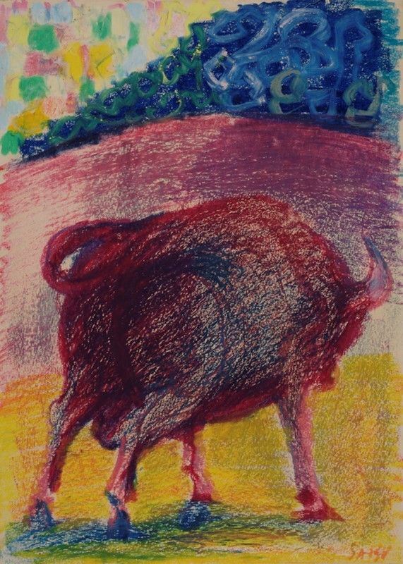 Aligi Sassu : Il toro  (1965)  - Pastelli su carta - Asta Autori Moderni e Contemporanei, Grafica ed Edizioni - Galleria Pananti Casa d'Aste