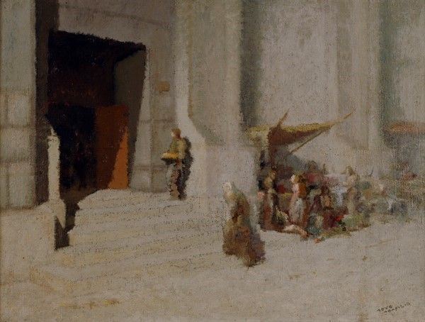 Seve Sospizio : Fuori dalla chiesa  - Olio su tela - Asta Antiquariato - mobili, dipinti e oggetti di arredo - I - Galleria Pananti Casa d'Aste