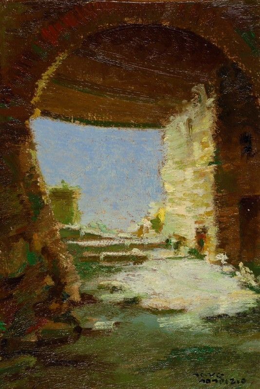 Seve Sospizio : Stradina antica  - Olio su compensato - Asta Antiquariato - mobili, dipinti e oggetti di arredo - I - Galleria Pananti Casa d'Aste