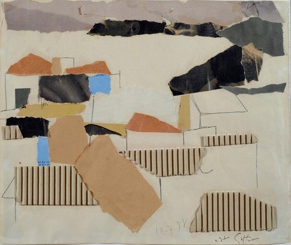 Renato Guttuso : Paesaggio con case  (1958)  - Matita e collage su carta - Auction Autori Moderni e Contemporanei, Grafica ed Edizioni - Galleria Pananti Casa d'Aste