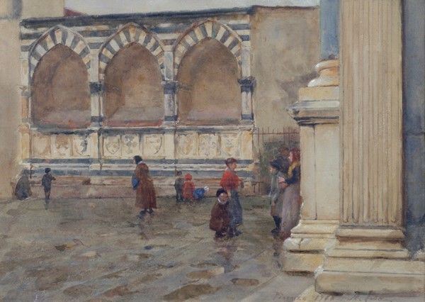 Alberto Pisa : Santa Maria  Novella  (1890)  - Acquerello su cartone - Auction Autori Moderni e Contemporanei, Grafica ed Edizioni - Galleria Pananti Casa d'Aste