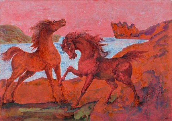 Aligi Sassu : Il cielo rosso  (1971)  - Olio e tecnica mista su carta riportata su tela - Auction Autori Moderni e Contemporanei, Grafica ed Edizioni - Galleria Pananti Casa d'Aste