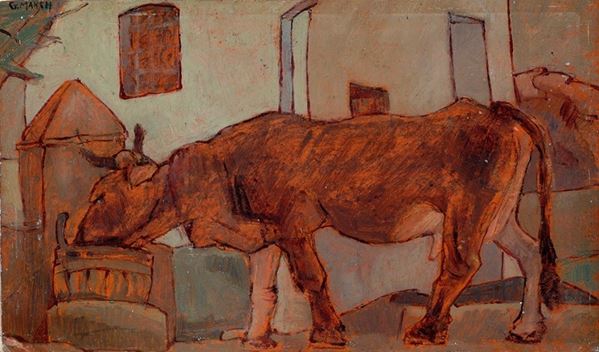 Giovanni March : Bue  - Olio su cartone - Asta ASTA FUORI ASTA - Gioielli, Disegni e dipinti antichi, del XIX sec, del XX sec. e Contemporanei - Galleria Pananti Casa d'Aste