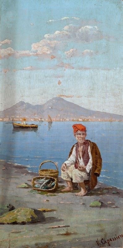 Vittorio Capessiero : Pescatore  - Olio su tavola - Asta Autori dell'800-900, Grafica ed Edizioni - I - Galleria Pananti Casa d'Aste