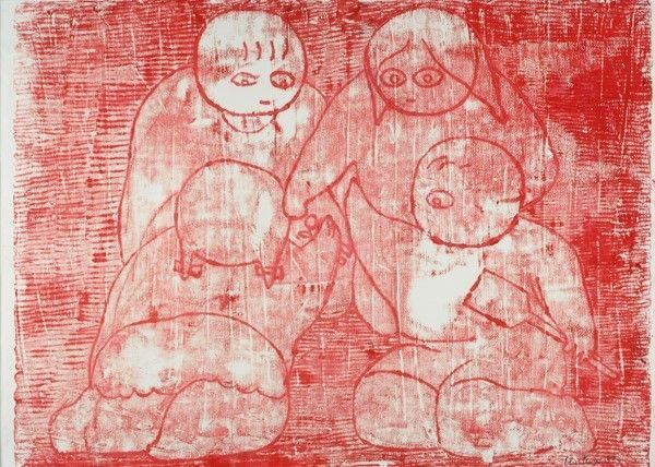 Venturino Venturi : Bambini in rosso  (1974)  - Monotipo su carta - Auction Antiquariato - mobili, dipinti e oggetti di arredo - I - Galleria Pananti Casa d'Aste