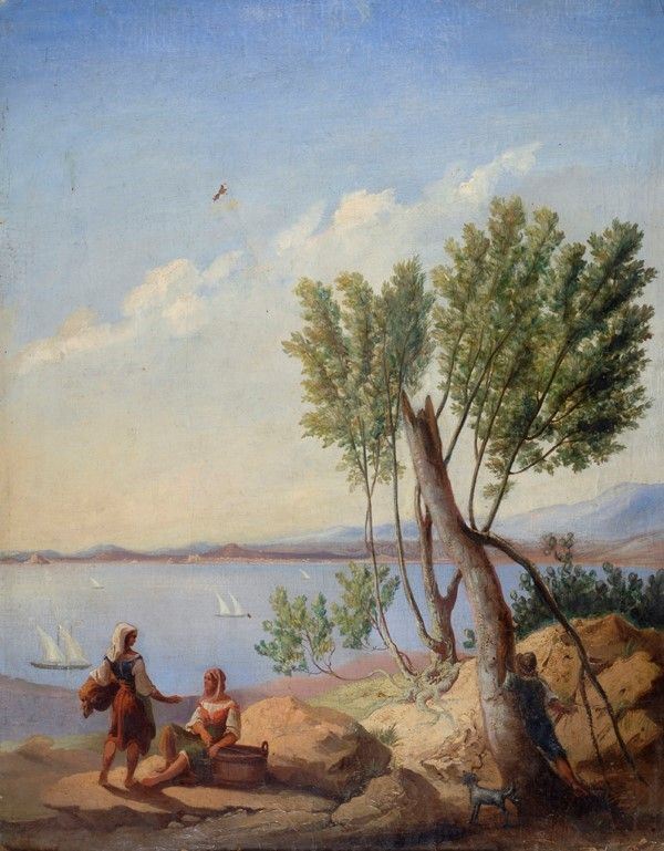 Anonimo, XIX sec. - Veduta napoletana con due figure
