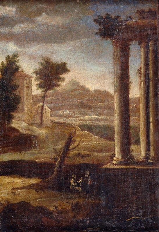 Scuola Italia Meridionale, XVII sec. - Paesaggio con rovine e figura