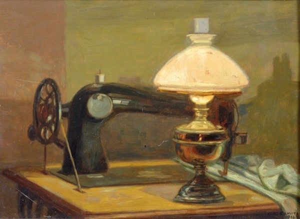 Gino Romiti : Macchina da cucire  (1916)  - Olio su compensato - Asta Antiquariato - mobili, dipinti e oggetti di arredo - I - Galleria Pananti Casa d'Aste